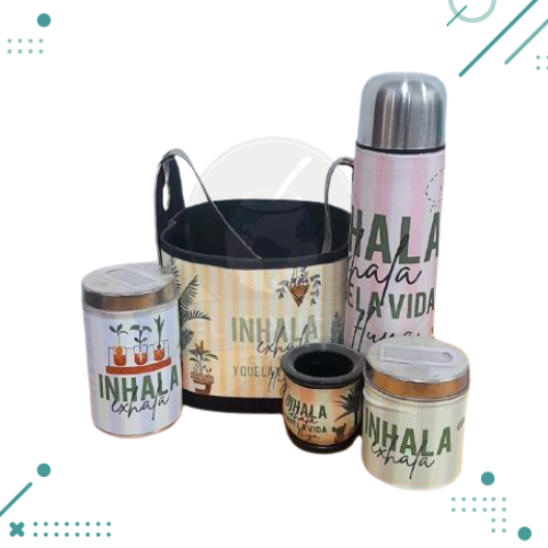 SET MATERO CANASTA, YERBERA, AZUCARERA Y MATE "INHALA Y EXHALA"