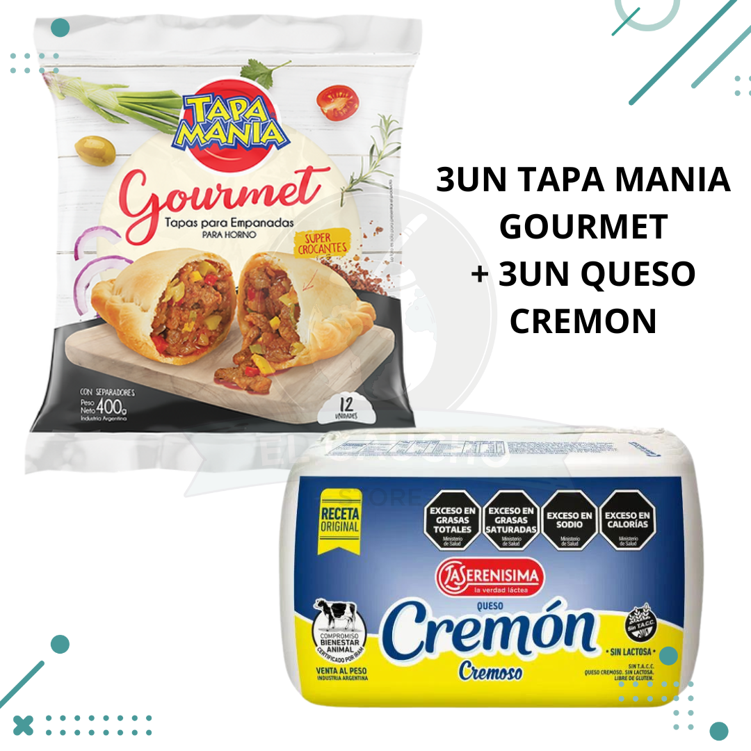 3un-TAPA-MANIA-FREIR-3UN-4.png Tapas Empanadas TAPA MANIA GOURMET, 3 Paquetes(36 tapas) + Queso CREMON 3 Unidades, 1.5kg (2.7Kg TOTAL) - Imagen 1