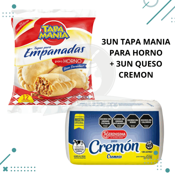Tapas Empanadas TAPA MANIA PARA HORNO, 3 Paquetes(36 tapas) + Queso CREMON 3 Unidades, 1.5kg (2.5Kg TOTAL)