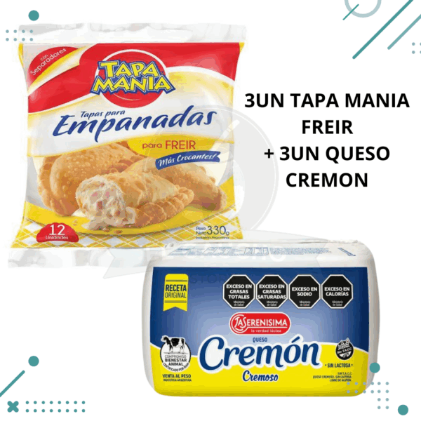 Tapas Empanadas TAPA MANIA FREIR, 3 Paquetes(36 tapas) + Queso CREMON 3 Unidades, 1.5kg (2.5Kg TOTAL)