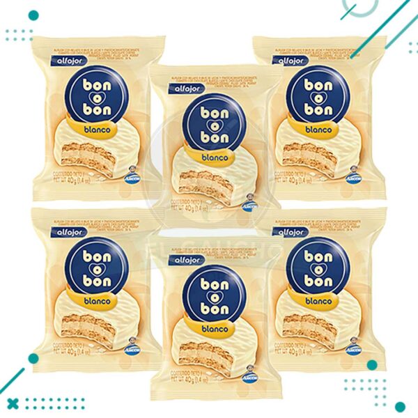 Alfajor Bon o Bon Blanco SIMPLE, relleno a base de Leche y Mani (40gr.) (Pack de 6u.) (240gr.)
