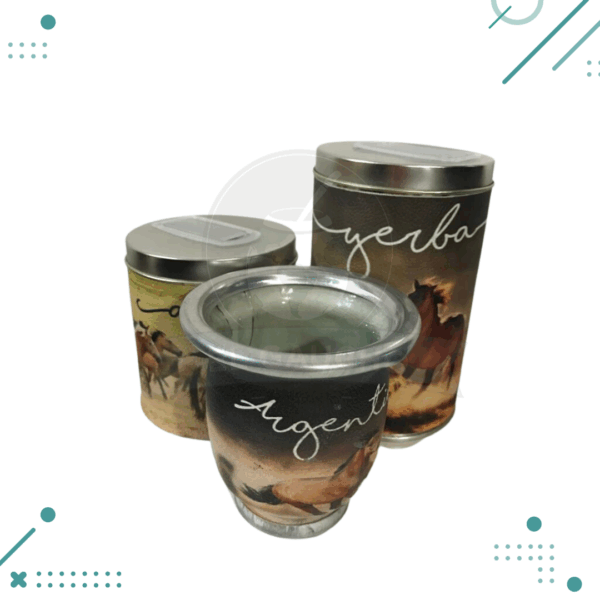 Set Matero Tres Piezas Argentina caballos - yerbera + azucarera + mate de vidrio