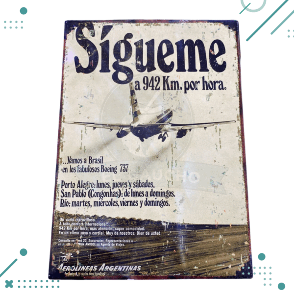 Cartel Chapa Aereolineas Argentinas "SIGUEME" 20x28 cm