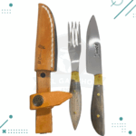 Set De Asado Artesanal - Cuchillo, Tenedor (Mango Madera) 12 cm+ Funda Cuero