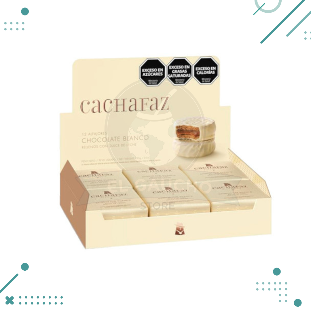 Diseno-sin-titulo-2024-02-07T195135.838.png Alfajor Cachafaz Tradicional, relleno con Dulce de Leche, cubierto con Chocolate Blanco (Caja de 12u.) (720gr.) - Imagen 1