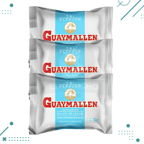 Alfajor Guaymallen TRIPLE, relleno con Dulce de Leche, con baño de Repostería de Chocolate BLANCO(70gr)(Pack de 3u.)(210gr)