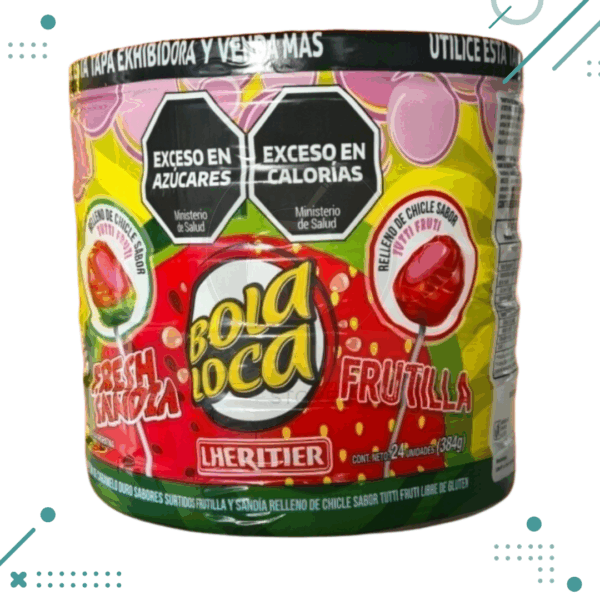 Chupetines BOLA LOCA sabor frutilla rellenos de chicle tutti frutti x24 un. (384gr)