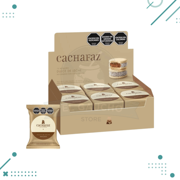 Alfajor Cachafaz Maicena, relleno con Dulce de Leche, decorado con Coco Rallado (Caja de 12u.) (912gr.)