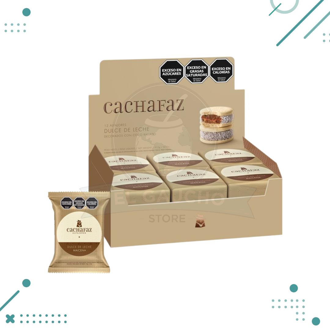 cachafaz.png Alfajor Cachafaz Maicena, relleno con Dulce de Leche, decorado con Coco Rallado (Caja de 12u.) (912gr.) - Imagen 1