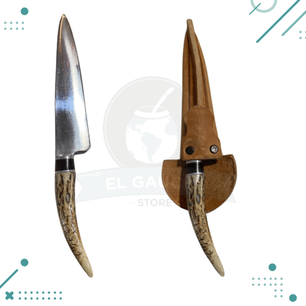Cuchillo empuñadura curva de Asta de Ciervo + vaina 100% cuero