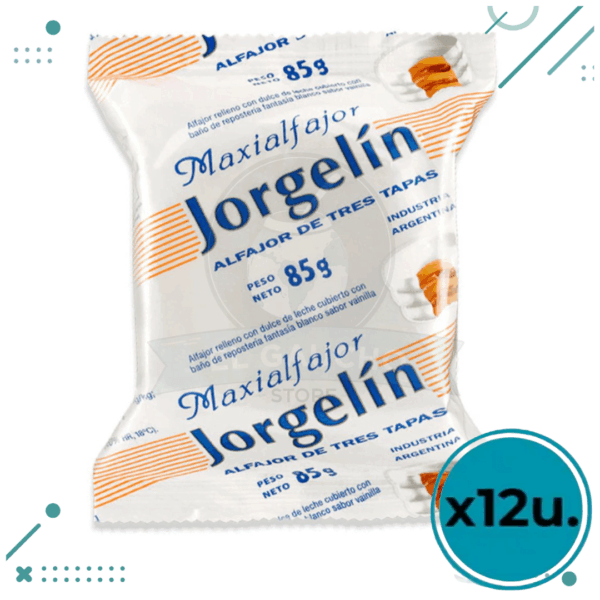 Alfajor Jorgelín Triple Blanco, Relleno con Dulce de Leche, Baño de Repostería Blanco (85gr)(pack 12un)(1 kg)