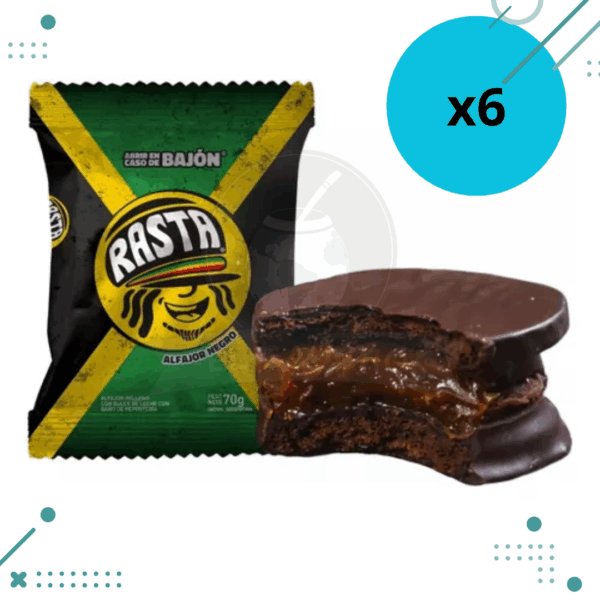 Alfajor Rasta Relleno con Dulce de Leche, Recubierto Con Baño De Reposteria NEGRO (70gr) (Pack x6un) 420gr