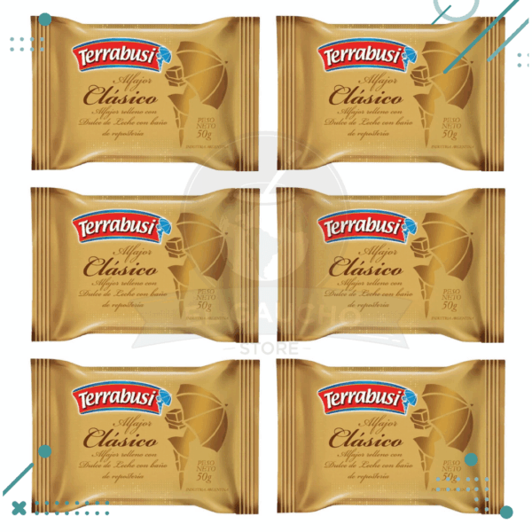 Alfajor Terrabusi Clásico Negro, relleno de Dulce de Leche, con Baño de Repostería (50gr.) (Pack de 6u.) (300gr.)