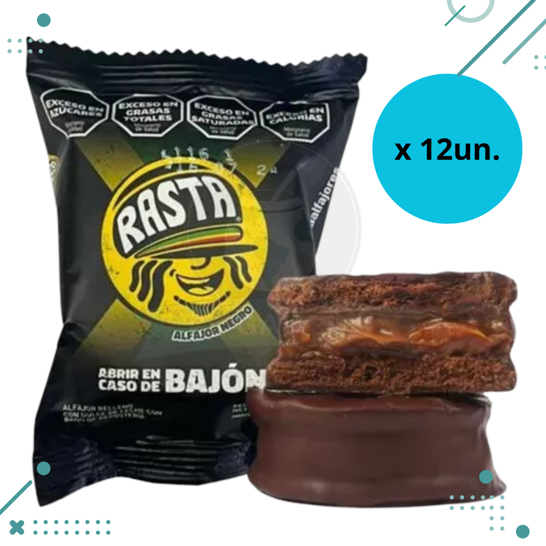 x-6un.-1.png Alfajor Rasta Relleno con Dulce de Leche, Recubierto Con Baño De Reposteria NEGRO (70gr) (Pack x12un) 840gr - Imagen 1