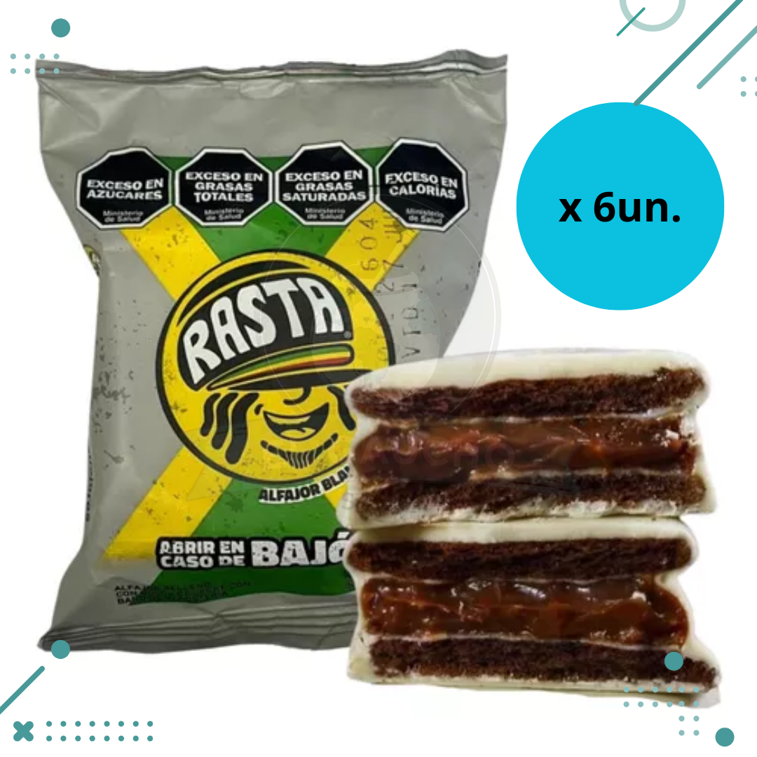 x-6un.png Alfajor Rasta Relleno con Dulce de Leche, Recubierto Con Baño De Reposteria BLANCO (70gr) (Pack x6un) 420gr - Imagen 1