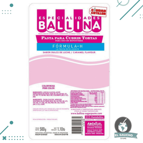 Pasta para Cubrir Tortas Ballina, Color ROSA, Sabor Dulce de Leche (500gr)