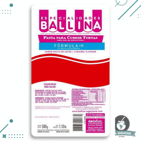 Pasta para Cubrir Tortas Ballina, Color ROJO, Sabor Dulce de Leche (500gr)