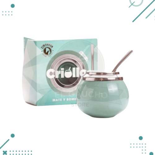 Mate Criollo Ceramica con Bombilla en Caja de Regalo, Color Verde